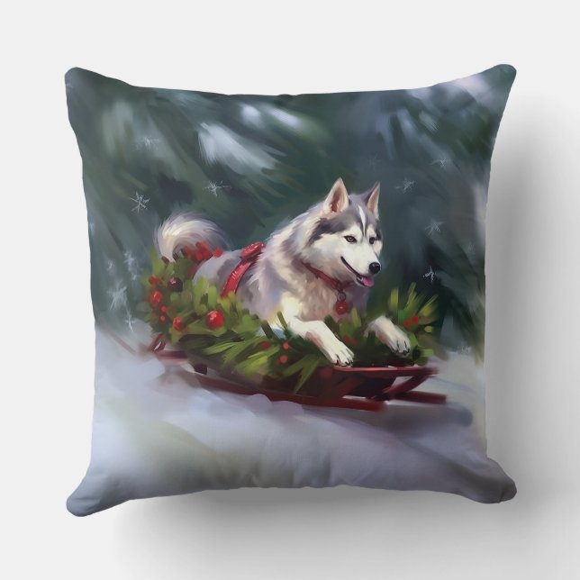 Siberian Husky Christmas snow winter Throw Pillow (Back)
