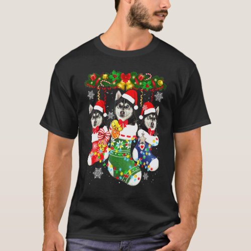Siberian Husky Christmas Socks Tree Light Xmas San T-Shirt