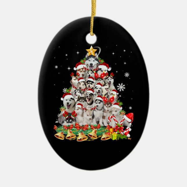 Siberian husky christmas tree lights | dog xmas ceramic ornament (Front)