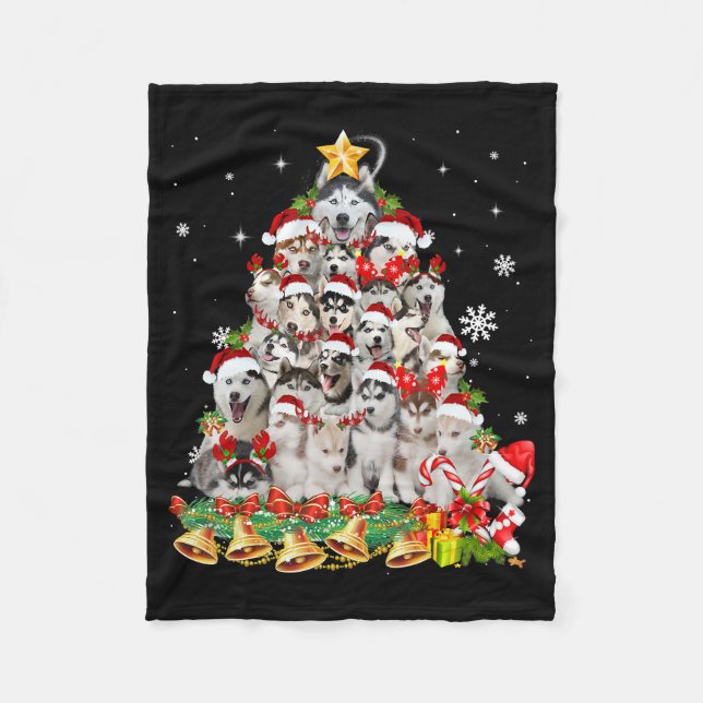 Siberian husky christmas tree lights | dog xmas fleece blanket (Front)