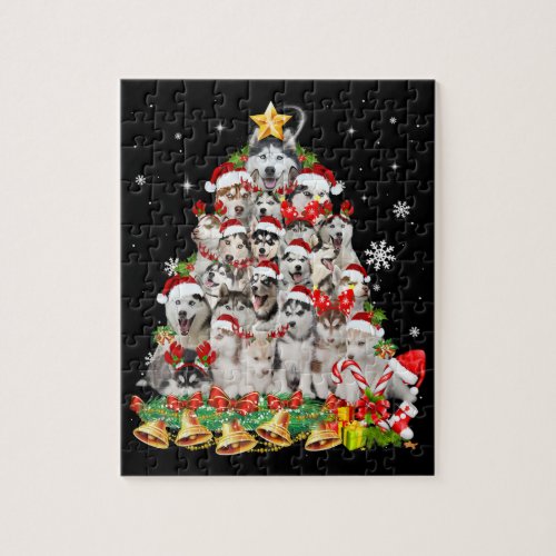 Siberian husky christmas tree lights  dog xmas jigsaw puzzle