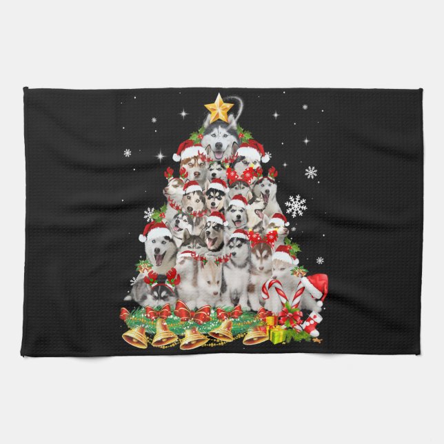 Siberian husky christmas tree lights | dog xmas kitchen towel (Horizontal)