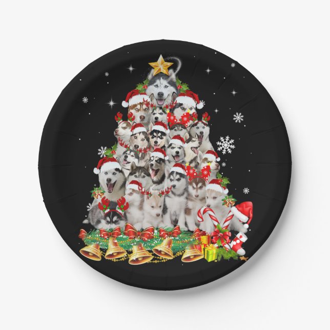 Siberian husky christmas tree lights | dog xmas paper plates (Front)