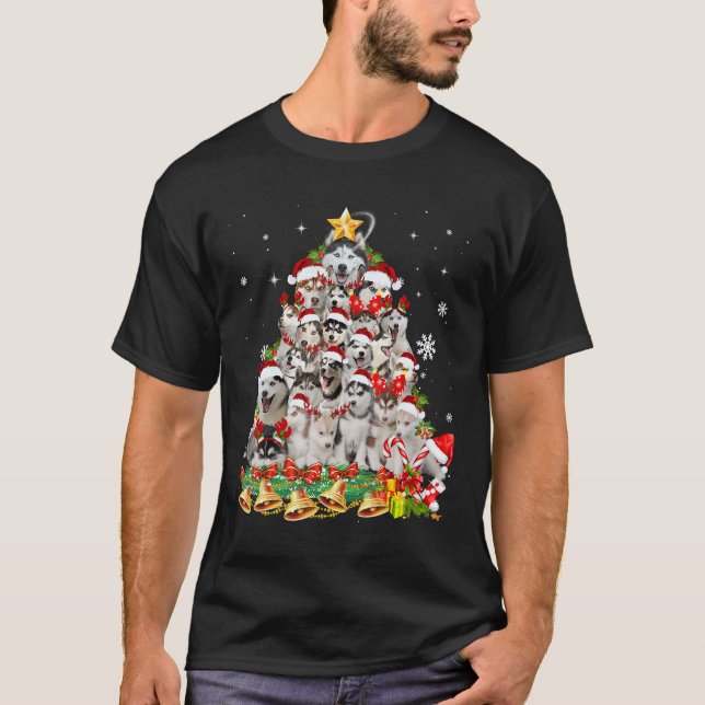 Siberian husky christmas tree lights | dog xmas T-Shirt (Front)