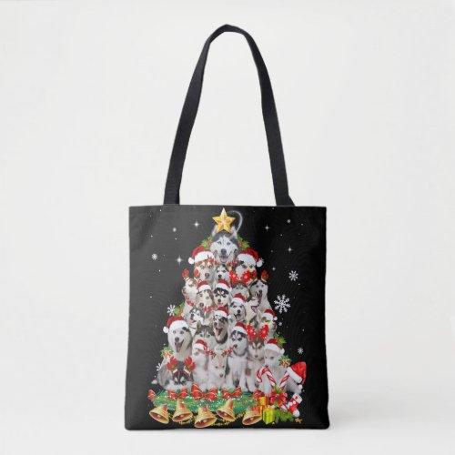 Siberian husky christmas tree lights  dog xmas tote bag