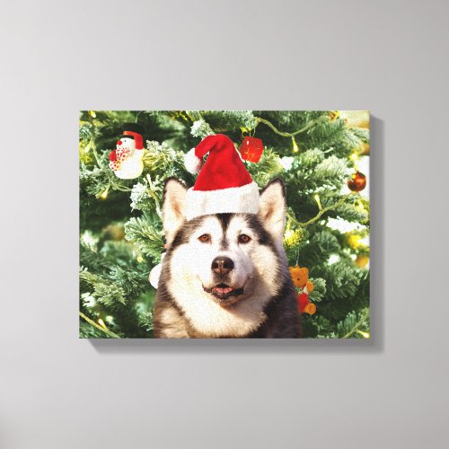Siberian Husky Christmas Tree Ornaments Snowman Canvas Print