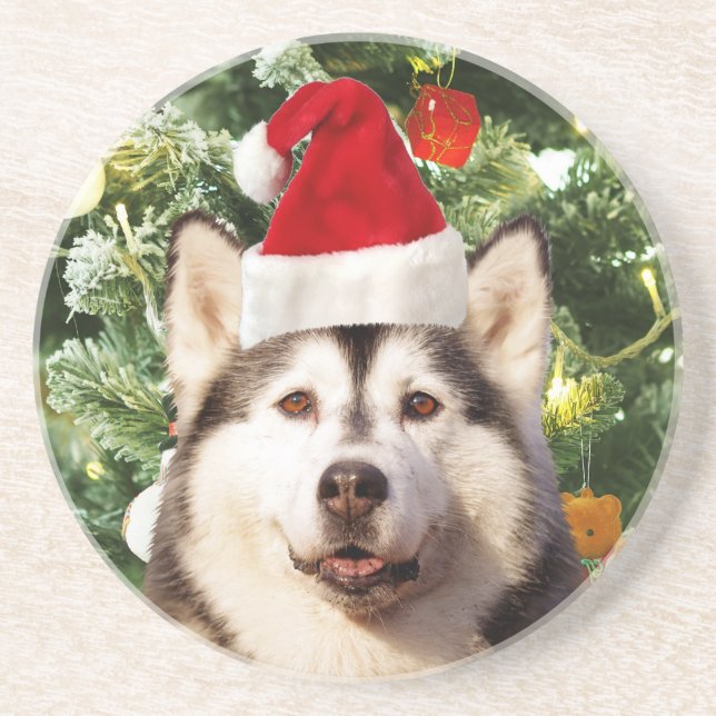 Siberian Husky Christmas Tree Ornaments Snowman Drink Coaster (Front)