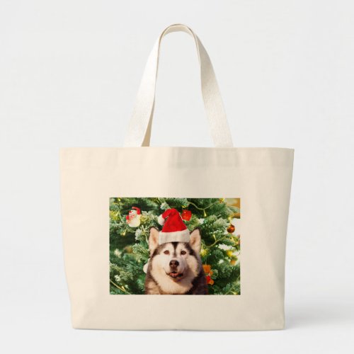 Siberian Husky Christmas Tree Ornaments Snowman Large Tote Bag