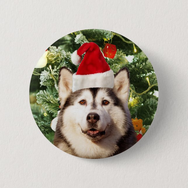 Siberian Husky Christmas Tree Ornaments Snowman Pinback Button (Front)