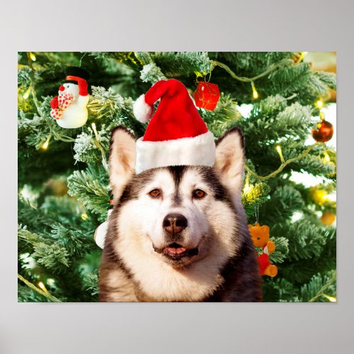 Siberian Husky Christmas Tree Ornaments Snowman Poster