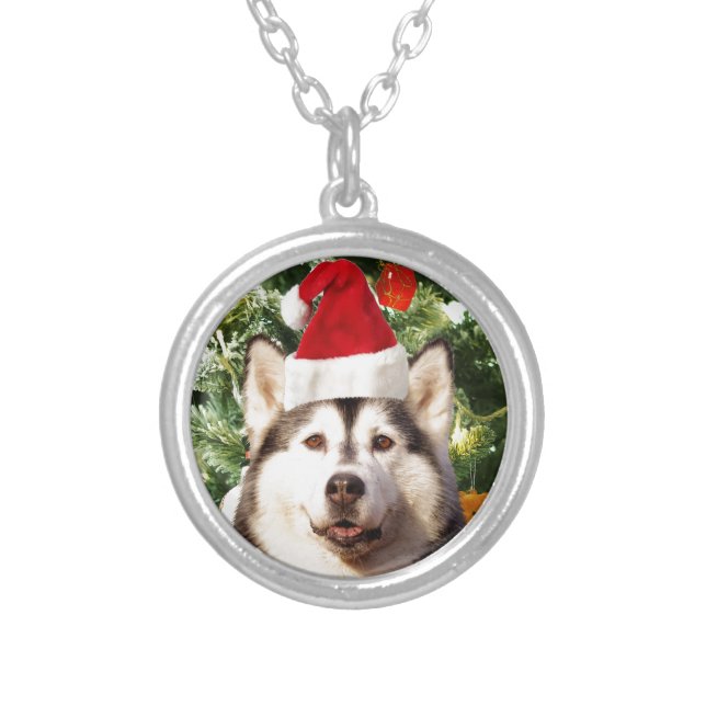 Siberian Husky Christmas Tree Ornaments Snowman Silver Plated Necklace (Front)
