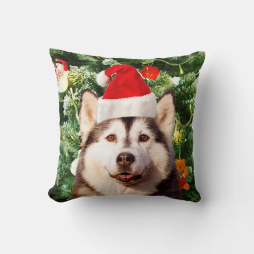 Siberian Husky Christmas Tree Ornaments Snowman Throw Pillow