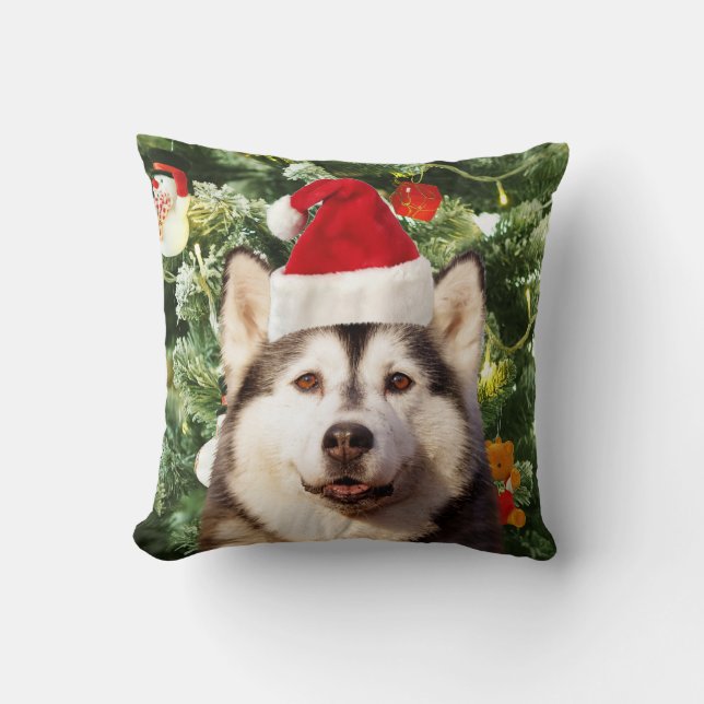 Siberian Husky Christmas Tree Ornaments Snowman Throw Pillow (Front)