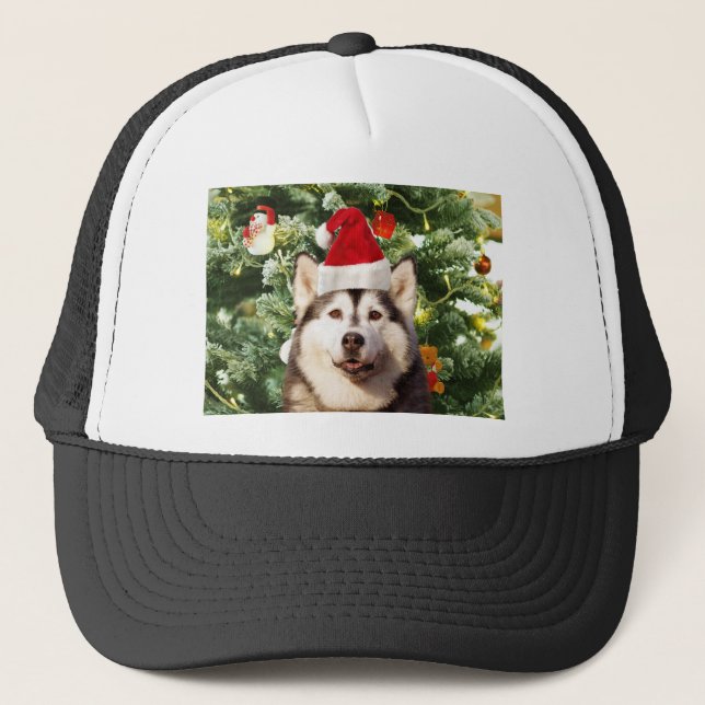 Siberian Husky Christmas Tree Ornaments Snowman Trucker Hat (Front)