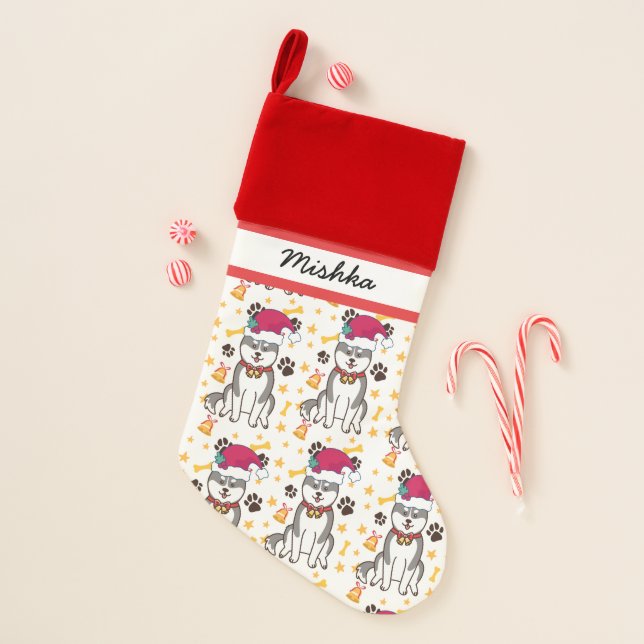 Siberian Husky Christmas With Custom Dog Name Christmas Stocking (Front)