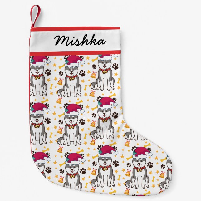 Siberian Husky Christmas With Custom Dog Name Small Christmas Stocking (Front)