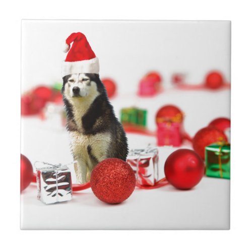 Siberian Husky Christmas with Ornament  Gift Box Ceramic Tile