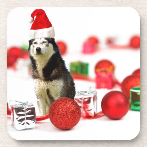 Siberian Husky Christmas with Ornament  Gift Box Drink Coaster