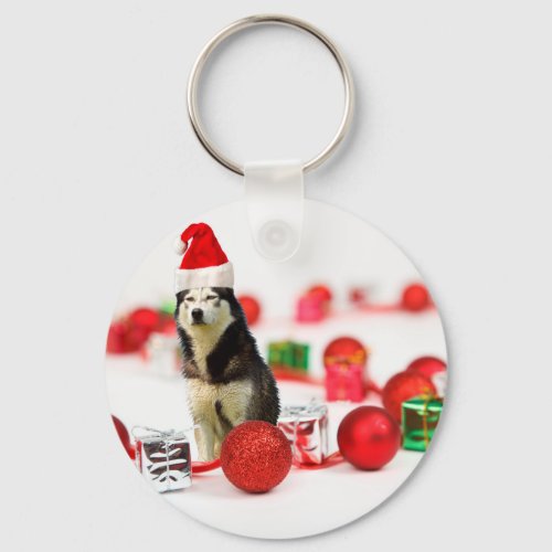 Siberian Husky Christmas with Ornament  Gift Box Keychain