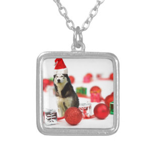 Siberian Husky Christmas with Ornament Gift Box Silver Plated Necklace