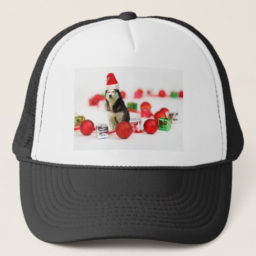 Siberian Husky Christmas with Ornament  Gift Box Trucker Hat