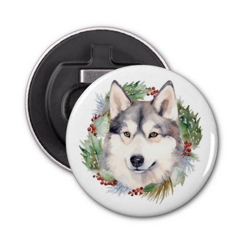 Siberian Husky Christmas Wreath Festive Pup  Bottle Opener