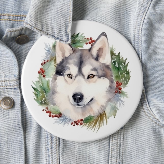 Siberian Husky Christmas Wreath Festive Pup  Button (In Situ)