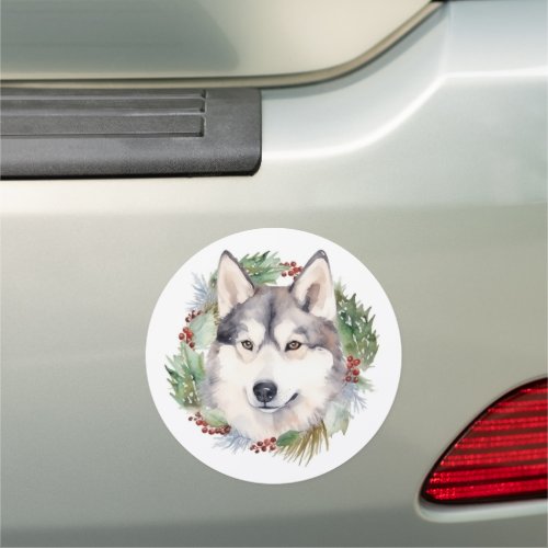 Siberian Husky Christmas Wreath Festive Pup  Car Magnet
