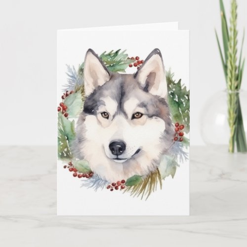 Siberian Husky Christmas Wreath Festive Pup  Card