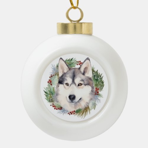 Siberian Husky Christmas Wreath Festive Pup  Ceramic Ball Christmas Ornament