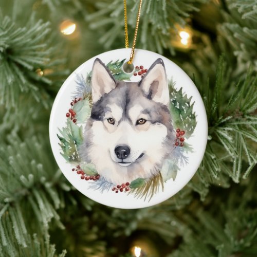 Siberian Husky Christmas Wreath Festive Pup  Ceramic Ornament