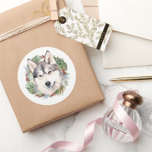 Siberian Husky Christmas Wreath Festive Pup  Classic Round Sticker