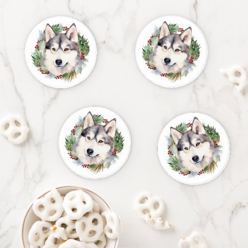 Siberian Husky Christmas Wreath Festive Pup  Coaster Set