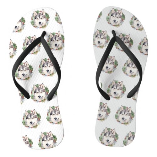 Siberian Husky Christmas Wreath Festive Pup  Flip Flops