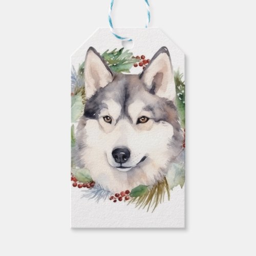 Siberian Husky Christmas Wreath Festive Pup  Gift Tags