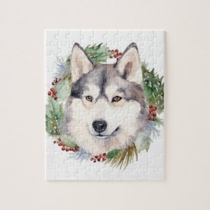 Siberian Husky Christmas Wreath Festive Pup Jigsaw Puzzle