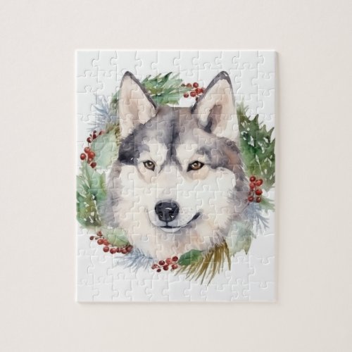 Siberian Husky Christmas Wreath Festive Pup  Jigsaw Puzzle