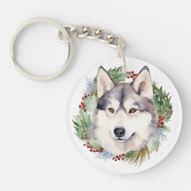 Siberian Husky Christmas Wreath Festive Pup  Keychain (Front)