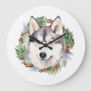 Siberian Husky Christmas Wreath Festive Pup Large Clock