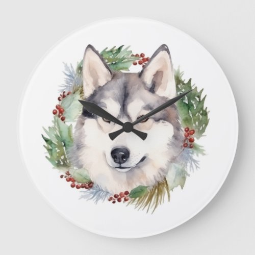 Siberian Husky Christmas Wreath Festive Pup  Large Clock