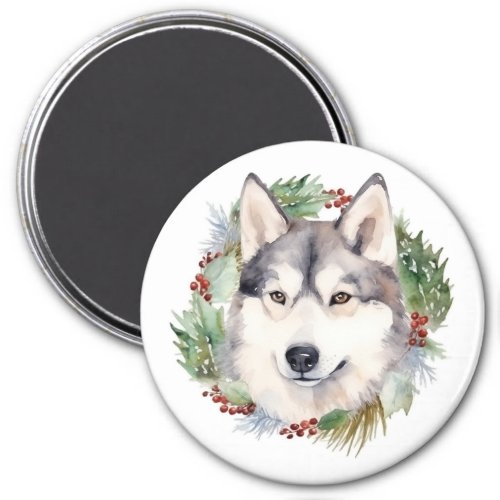 Siberian Husky Christmas Wreath Festive Pup  Magnet