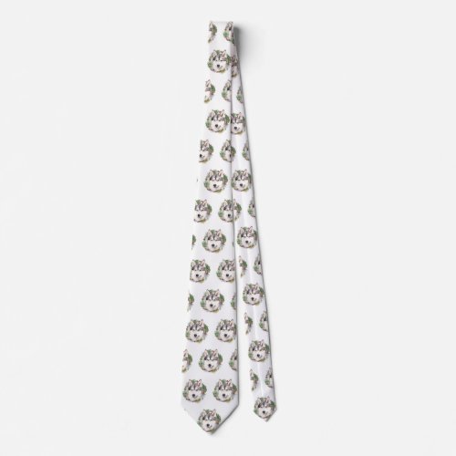 Siberian Husky Christmas Wreath Festive Pup  Neck Tie