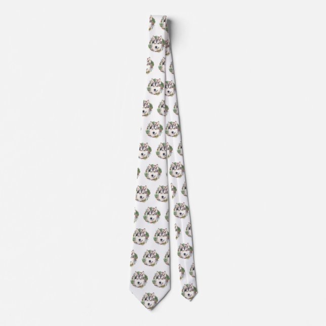 Siberian Husky Christmas Wreath Festive Pup  Neck Tie (Front)