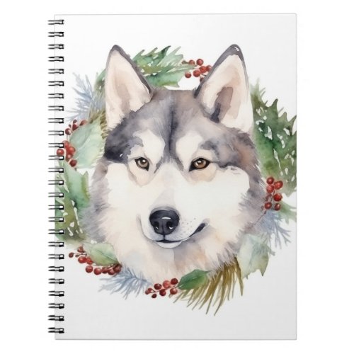 Siberian Husky Christmas Wreath Festive Pup  Notebook