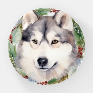 Siberian Husky Christmas Wreath Festive Pup Paperweight