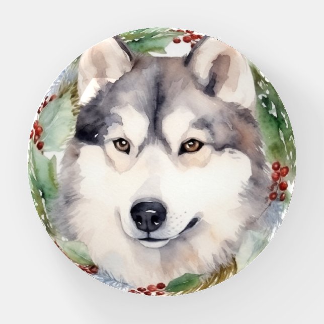 Siberian Husky Christmas Wreath Festive Pup  Paperweight (Front)