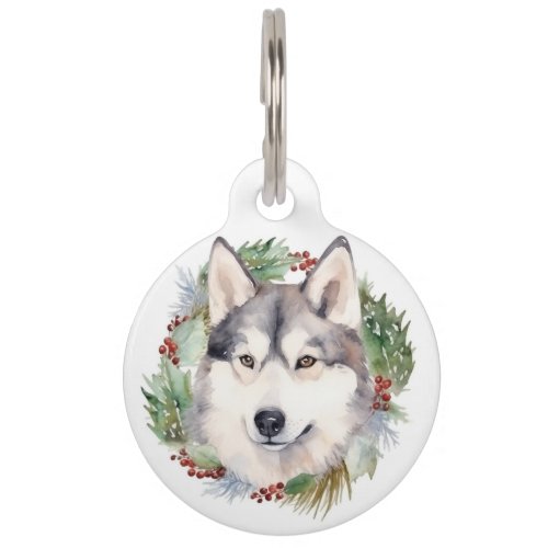 Siberian Husky Christmas Wreath Festive Pup  Pet ID Tag