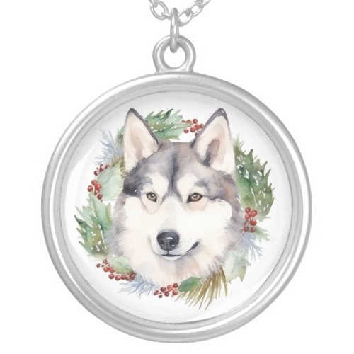Siberian Husky Christmas Wreath Festive Pup  Silver Plated Necklace