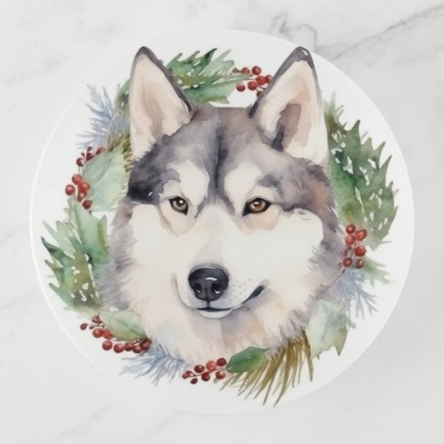 Siberian Husky Christmas Wreath Festive Pup  Trinket Tray