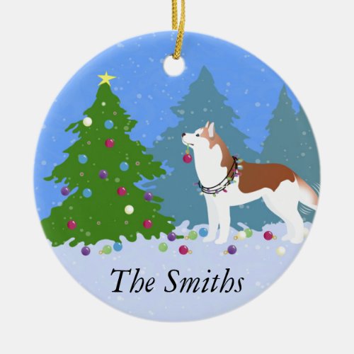 Siberian Husky Decorating Christmas Tree _Forest Ceramic Ornament